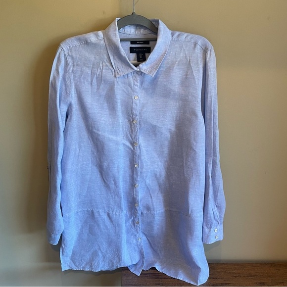 Tahari 100% Linen Tunic Top Women's Size Large Blue Blouse Casual Pullover - Picture 1 of 7